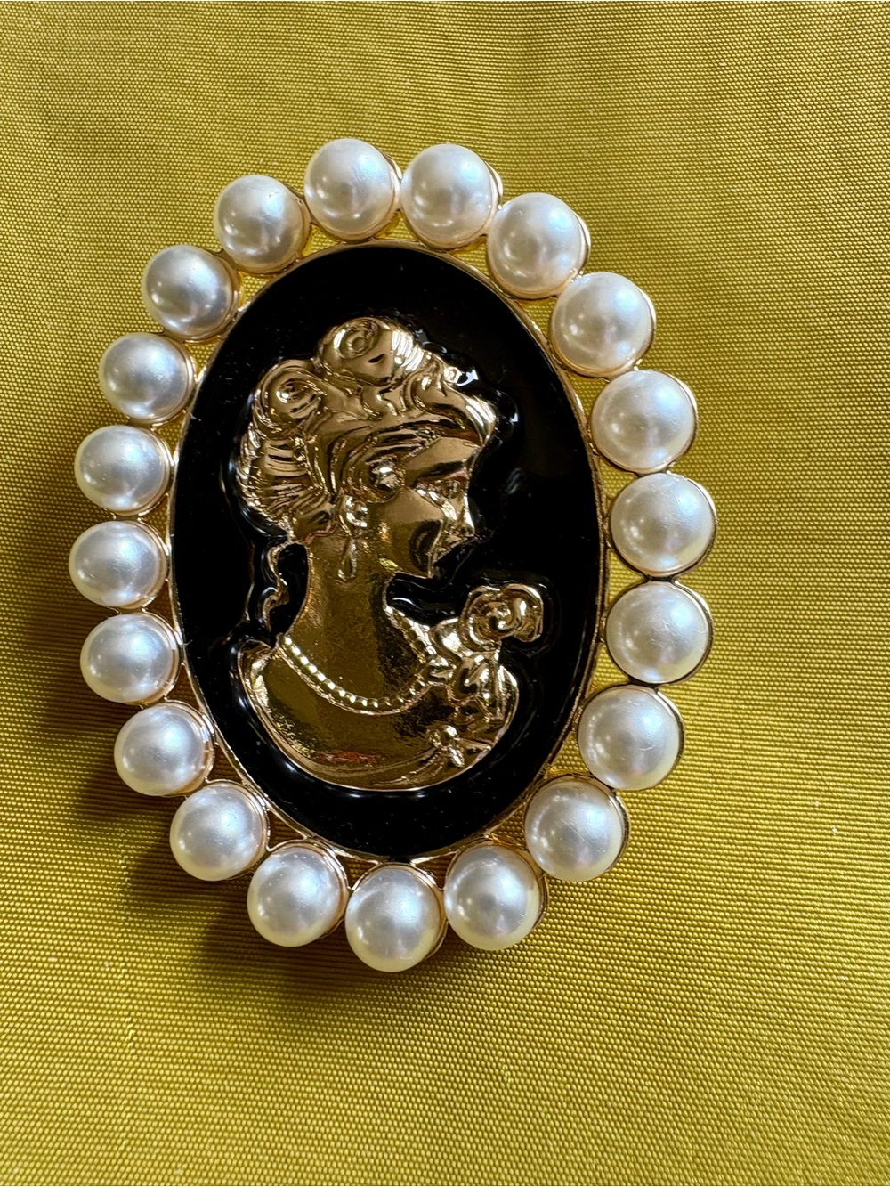 Gold and Black Cameo Pearl-Trim Brooch - Women's Jewelry